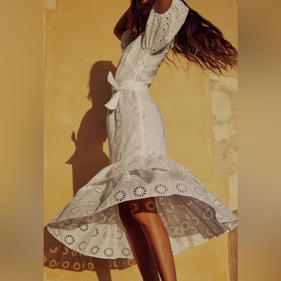 Zara Bloggers Fav Oyster White Belted Embroidered Tiered V-Neck Midi Dress Sz M - Picture 3 of 17